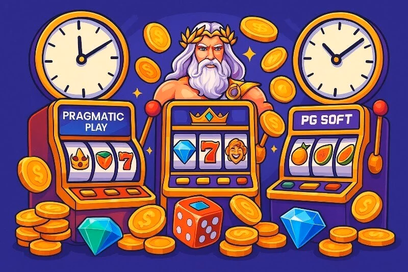 Ilustrasi bocoran jam gacor slot Pragmatic Play dan PG Soft dengan simbol jackpot