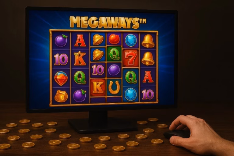 Tampilan permainan slot Megaways dengan gulungan berlapis dan simbol warna-warni