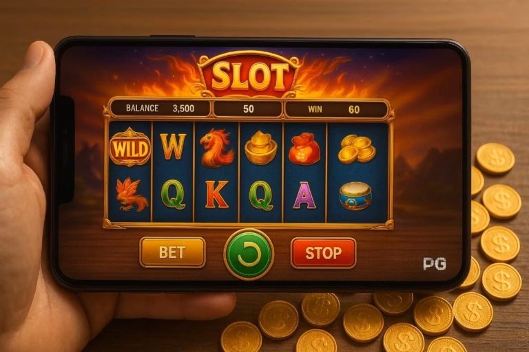 Tampilan permainan slot PG Soft di layar ponsel dengan efek koin emas